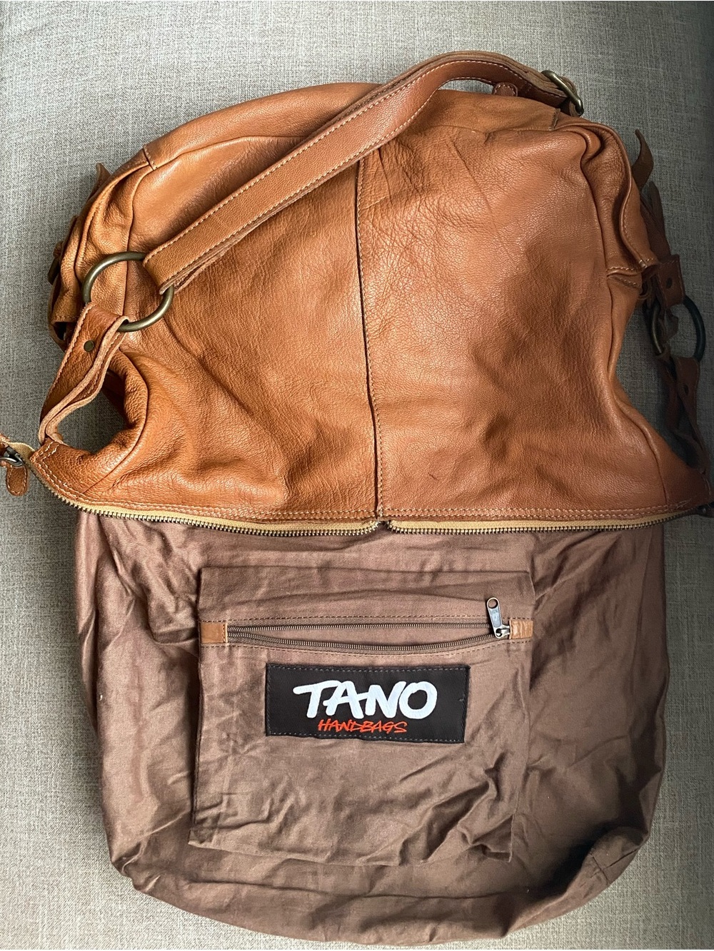 Tano Hobo Slouch Shoulder Bag Pebbled Leather In Cognac Hippie 70s Vintage Style - Picture 11 of 13